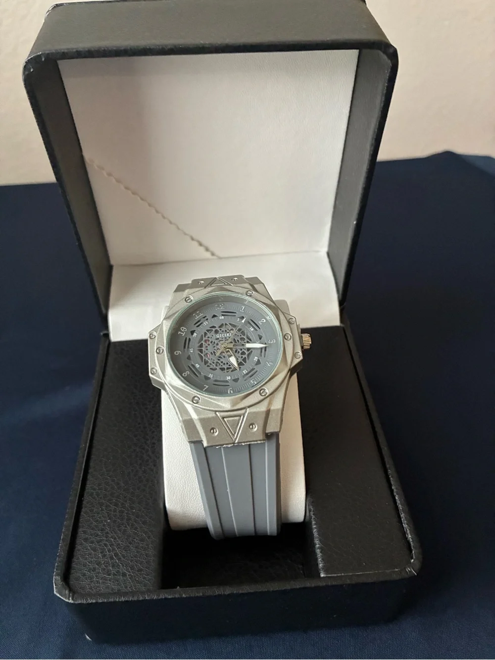 Skeleton Dial Gray Sport Watch with Rubber Strap